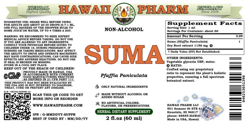label of Suma (<i>Pfaffia Paniculata</i>) Dry Root Glycerite