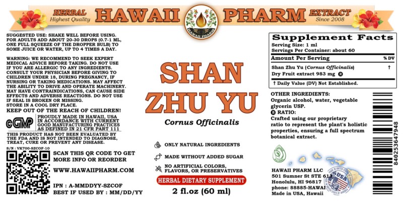 label of Shan Zhu Yu (<i>Cornus Officinalis</i>) Dry Fruit Tincture