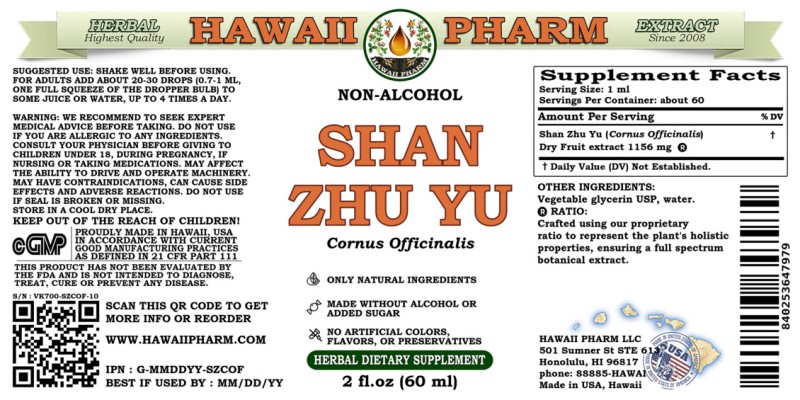 label of Shan Zhu Yu (<i>Cornus Officinalis</i>) Dry Fruit Glycerite