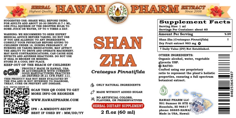 label of Shan Zha (<i>Crataegus Pinnatifida</i>) Dry Fruit Tincture