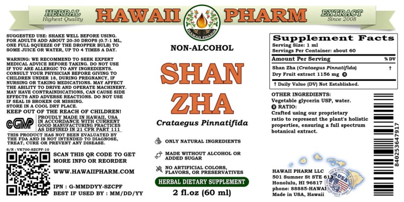 label of Shan Zha (<i>Crataegus Pinnatifida</i>) Dry Fruit Glycerite