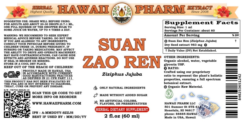 label of Suan Zao Ren (<i>Ziziphus Jujuba</i>) Dry Seed Tincture