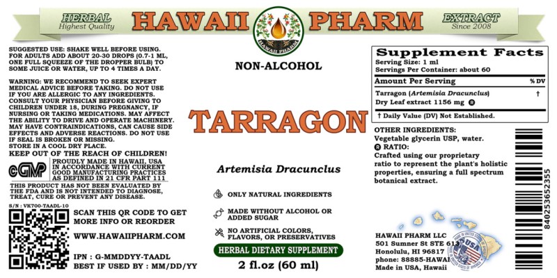 label of Tarragon (<i>Artemisia Dracunclus</i>) Dry Leaf Glycerite