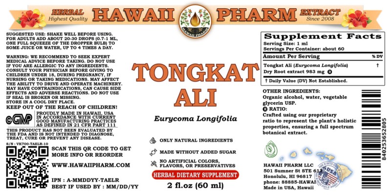 label of Tongkat Ali (<i>Eurycoma Longifolia</i>) Dry Root Tincture