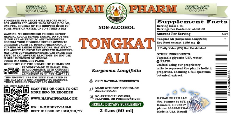 label of Tongkat Ali (<i>Eurycoma Longifolia</i>) Dry Root Glycerite