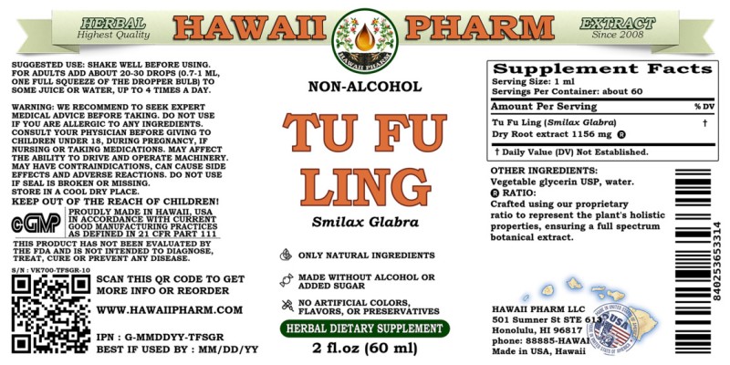 label of Tu Fu Ling (<i>Smilax Glabra</i>) Dry Root Glycerite