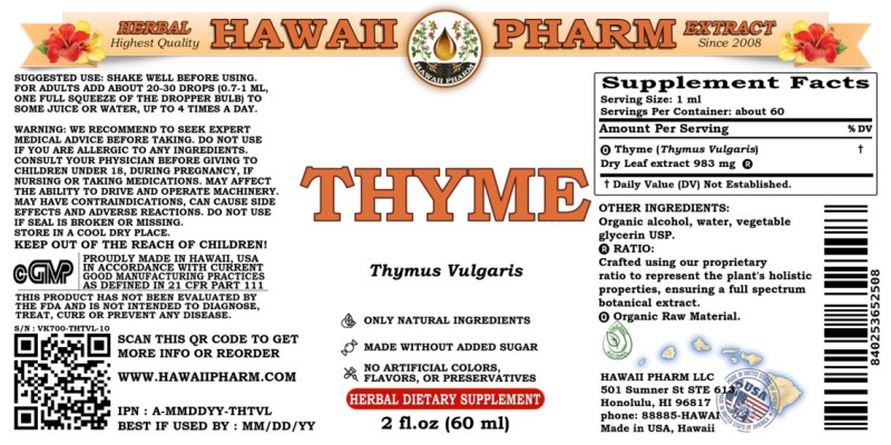 label of Thyme (<i>Thymus Vulgaris</i>) Dry Leaf Tincture