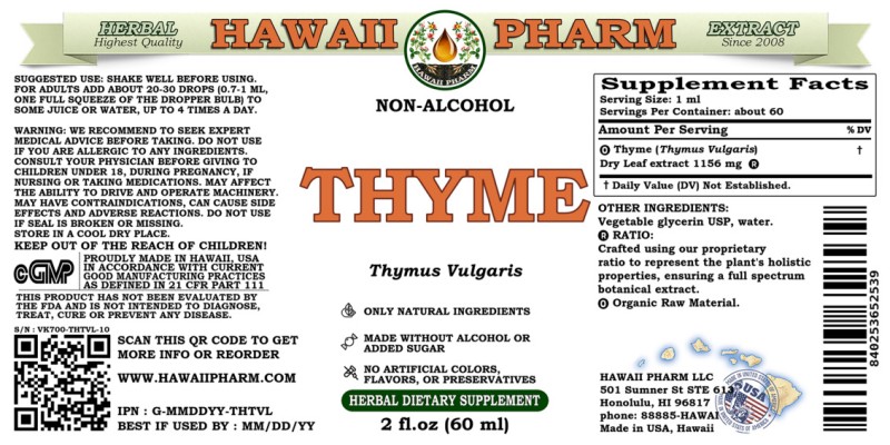 label of Thyme (<i>Thymus Vulgaris</i>) Dry Leaf Glycerite