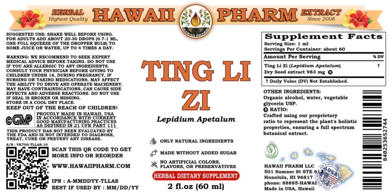 label of Ting Li Zi (<i>Lepidium Apetalum</i>) Dry Seed Tincture