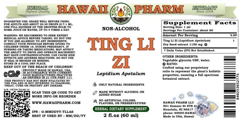 label of Ting Li Zi (<i>Lepidium Apetalum</i>) Dry Seed Glycerite