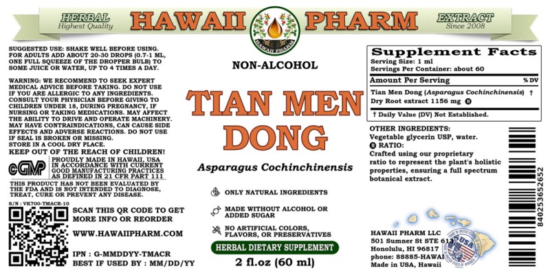 label of Tian Men Dong (<i>Asparagus Cochinchinensis</i>) Dry Root Glycerite
