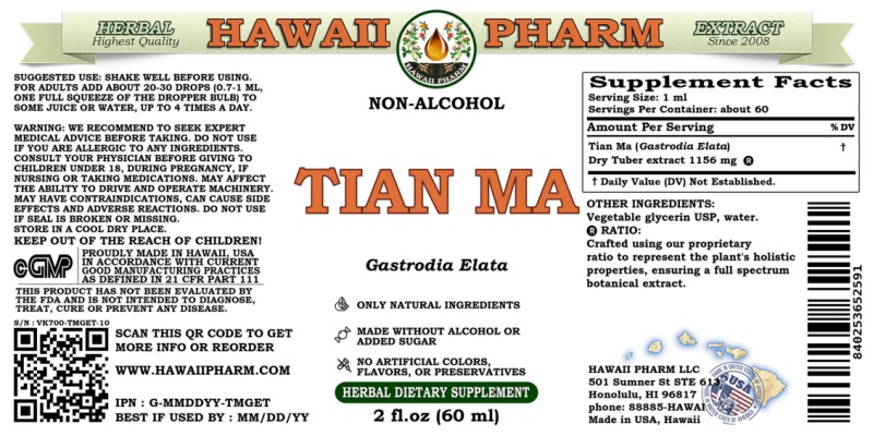 label of Tian Ma (<i>Gastrodia Elata</i>) Dry Tuber Glycerite