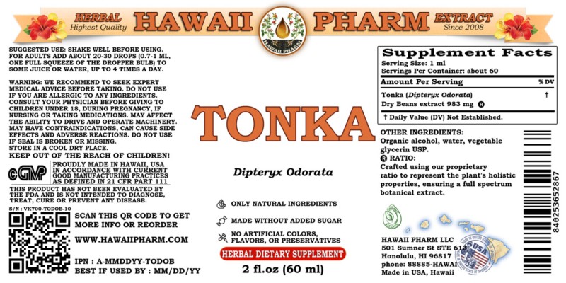 label of Tonka (<i>Dipteryx Odorata</i>) Dry Beans Tincture