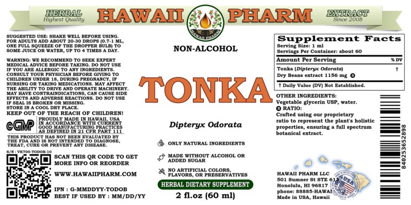 label of Tonka (<i>Dipteryx Odorata</i>) Dry Beans Glycerite