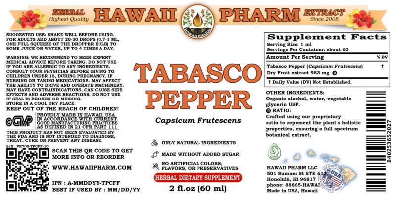 label of Tabasco Pepper (<i>Capsicum Frutescens</i>) Dry Fruit Tincture