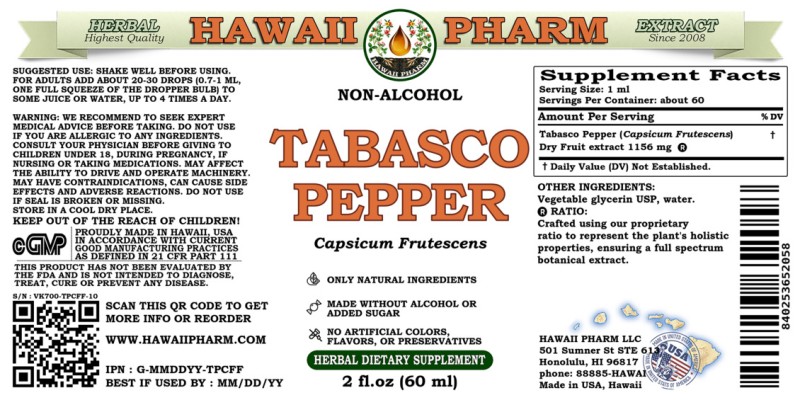 label of Tabasco Pepper (<i>Capsicum Frutescens</i>) Dry Fruit Glycerite