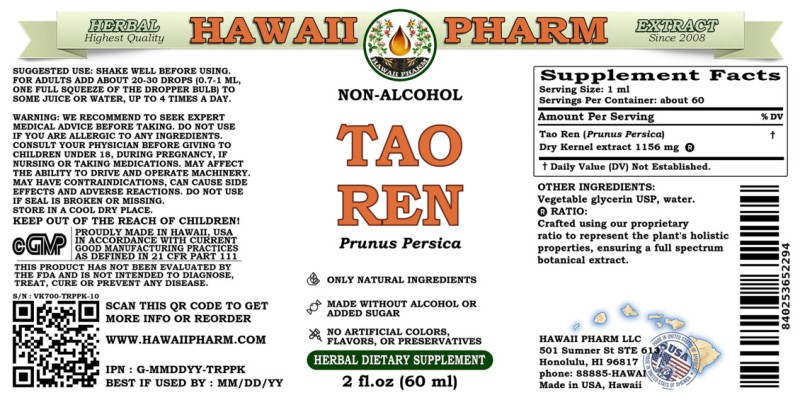 label of Tao Ren (<i>Prunus Persica</i>) Dry Kernel Glycerite