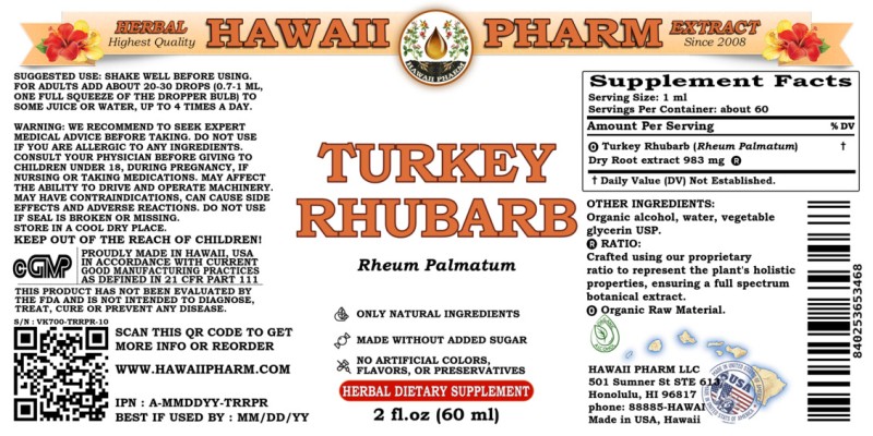 label of Turkey Rhubarb (<i>Rheum Palmatum</i>) Dry Root Tincture