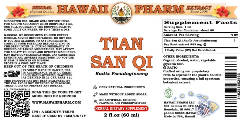 label of Tian San Qi (<i>Radix Pseudoginseng</i>) Dry Root Tincture