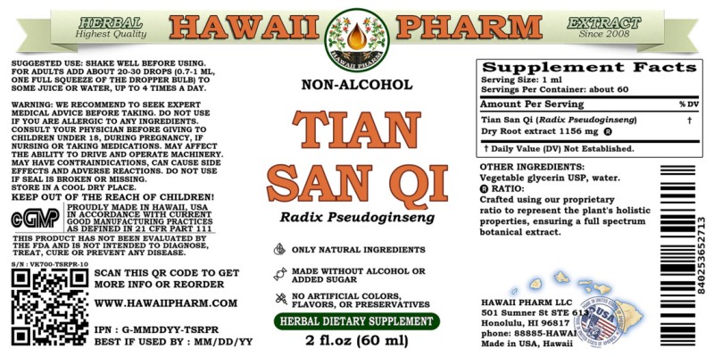label of Tian San Qi (<i>Radix Pseudoginseng</i>) Dry Root Glycerite