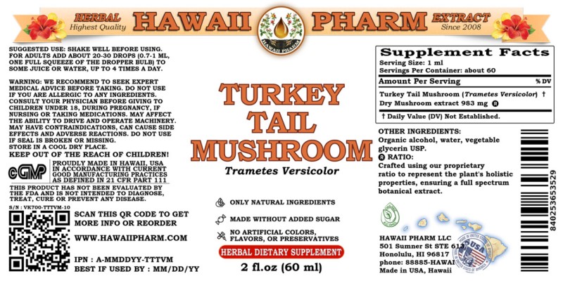 label of Turkey Tail Mushroom (<i>Trametes Versicolor</i>) Dry Mushroom Tincture