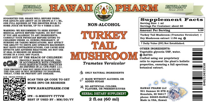 label of Turkey Tail Mushroom (<i>Trametes Versicolor</i>) Dry Mushroom Glycerite