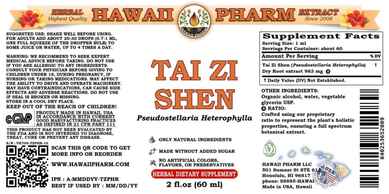 label of Tai Zi Shen (<i>Pseudostellaria Heterophylla</i>) Dry Root Tincture