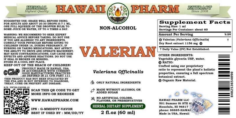 label of Valerian (<i>Valeriana Officinalis</i>) Dry Root Glycerite