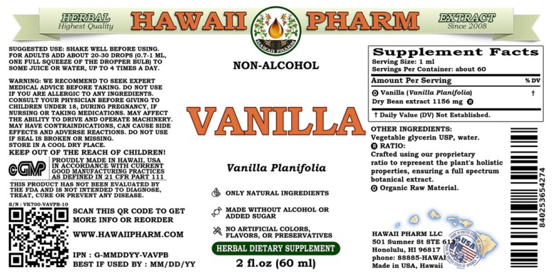 label of Vanilla (<i>Vanilla Planifolia</i>) Dry Bean Glycerite
