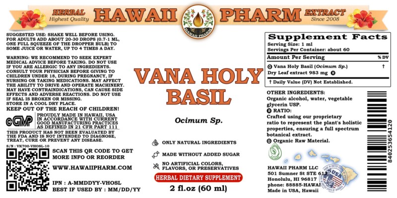 label of Vana Holy Basil (<i>Ocimum Sp.</i>) Dry Leaf Tincture