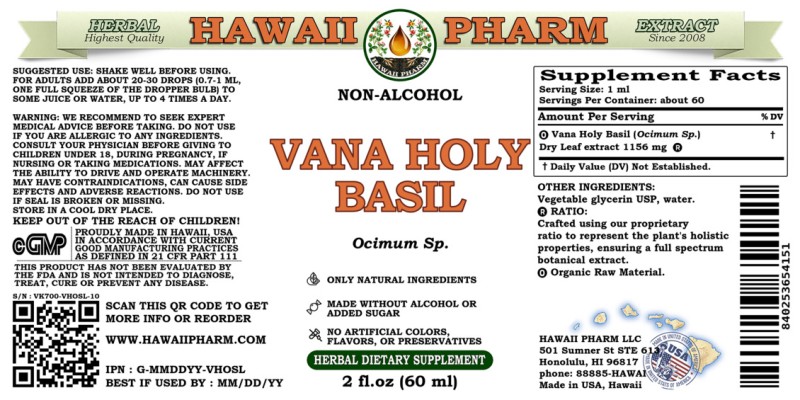 label of Vana Holy Basil (<i>Ocimum Sp.</i>) Dry Leaf Glycerite