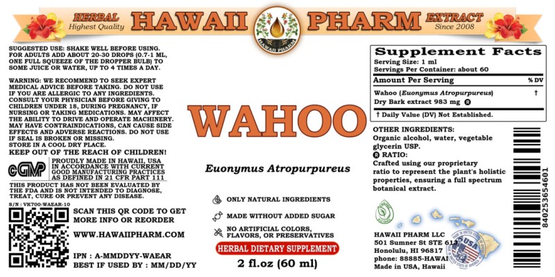 label of Wahoo (<i>Euonymus Atropurpureus</i>) Dry Bark Tincture