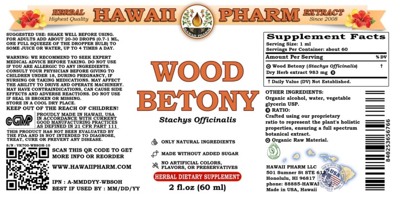 label of Wood Betony (<i>Stachys Officinalis</i>) Dry Herb Tincture