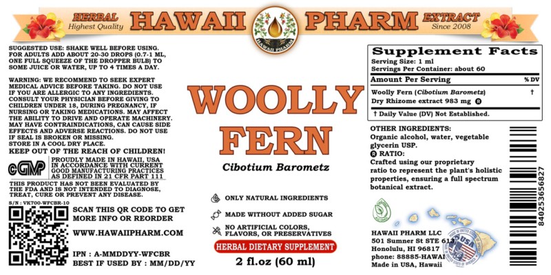 label of Woolly Fern (<i>Cibotium Barometz</i>) Dry Rhizome Tincture