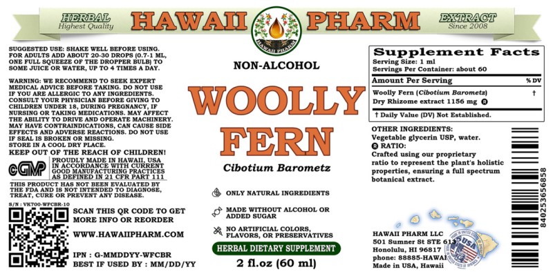 label of Woolly Fern (<i>Cibotium Barometz</i>) Dry Rhizome Glycerite