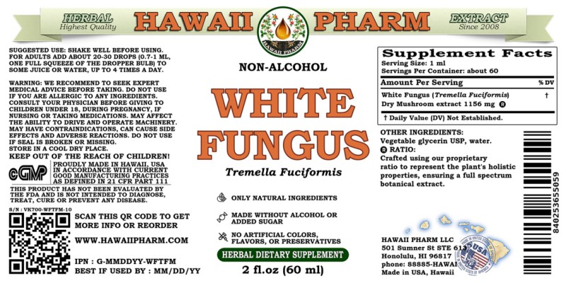 label of White Fungus (<i>Tremella Fuciformis</i>) Dry Mushroom Glycerite
