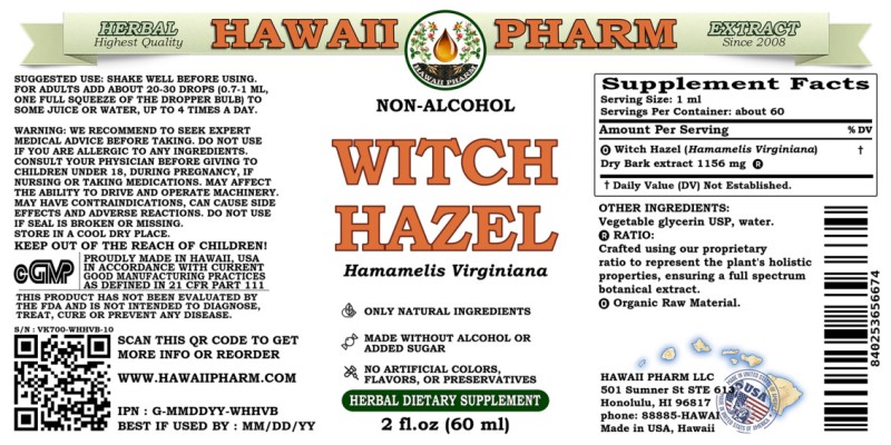 label of Witch Hazel (<i>Hamamelis Virginiana</i>) Dry Bark Glycerite