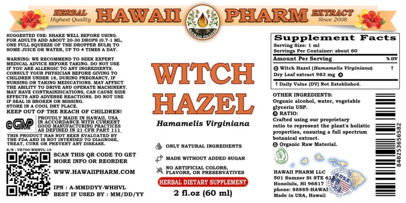 label of Witch Hazel (<i>Hamamelis Virginiana</i>) Dry Leaf Tincture