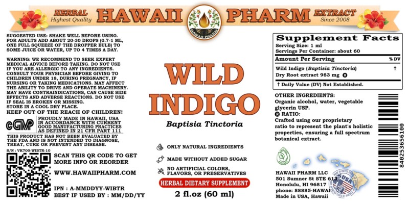 label of Wild Indigo (<i>Baptisia Tinctoria</i>) Dry Root Tincture
