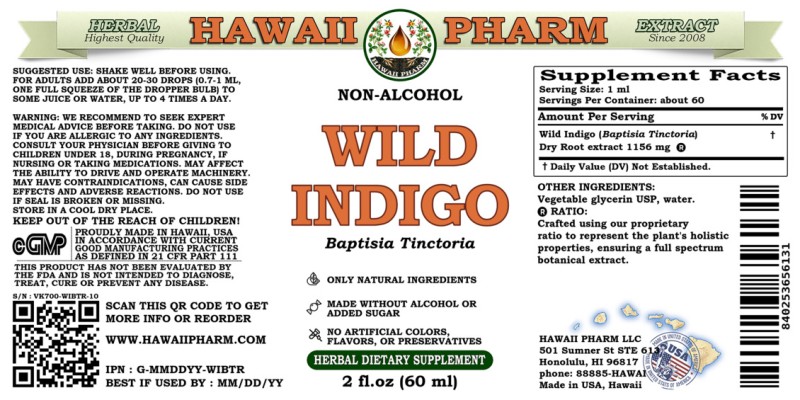 label of Wild Indigo (<i>Baptisia Tinctoria</i>) Dry Root Glycerite