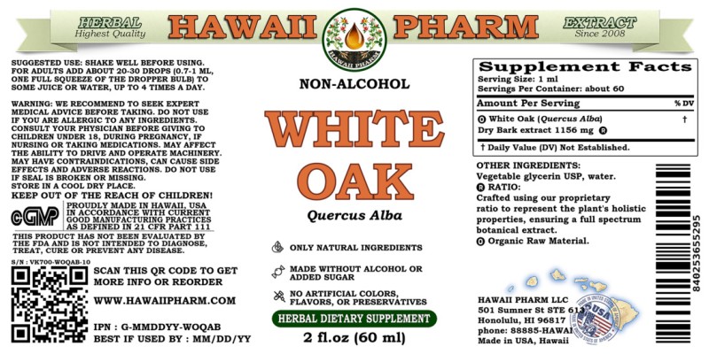 label of White Oak (<i>Quercus Alba</i>) Dry Bark Glycerite