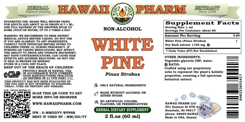 label of White Pine (<i>Pinus Strobus</i>) Dry Bark Glycerite