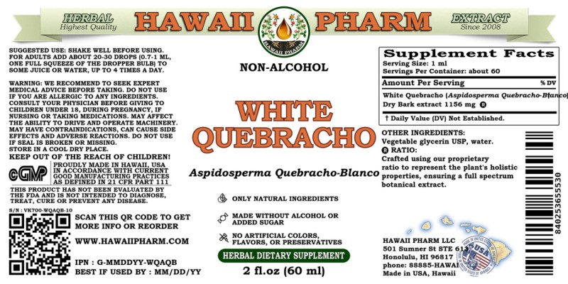 label of White Quebracho (<i>Aspidosperma Quebracho-Blanco</i>) Powdered Bark Glycerite
