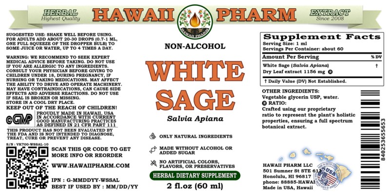 label of White Sage (<i>Salvia Apiana</i>) Dry Leaf Glycerite