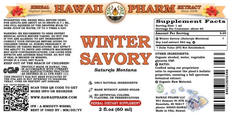 label of Winter Savory (<i>Satureja Montana</i>) Dry Leaf Tincture