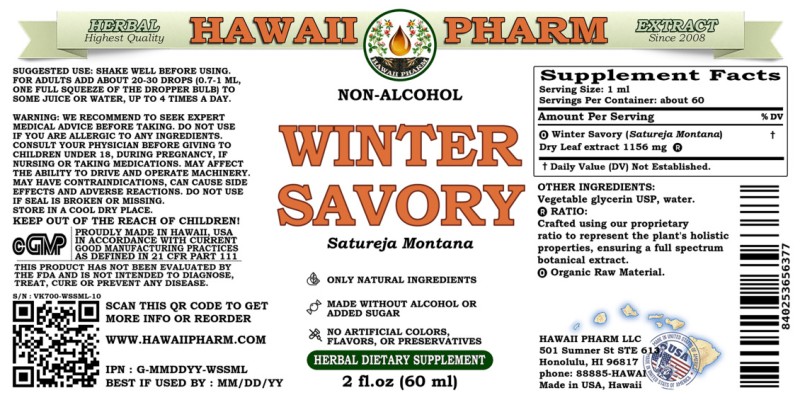 label of Winter Savory (<i>Satureja Montana</i>) Dry Leaf Glycerite