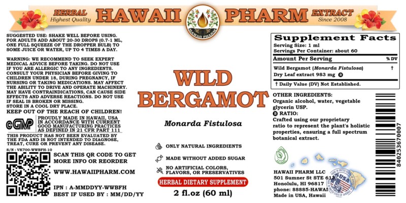 label of Wild Bergamot (<i>Monarda Fistulosa</i>) Dry Leaf Tincture