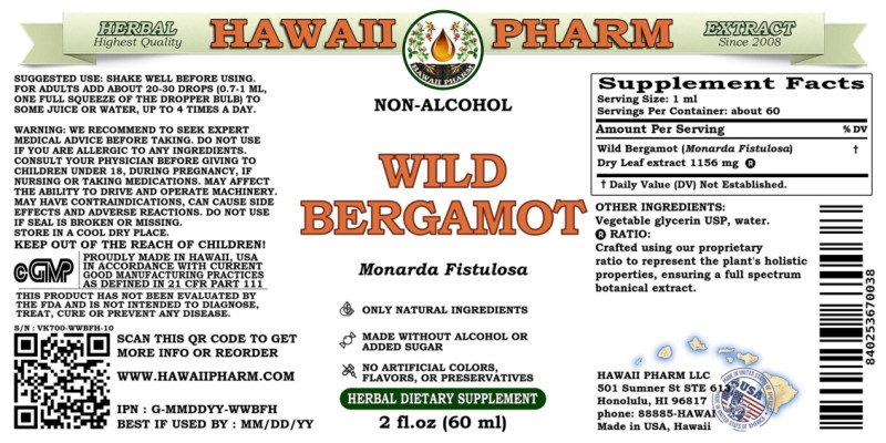 label of Wild Bergamot (<i>Monarda Fistulosa</i>) Dry Leaf Glycerite