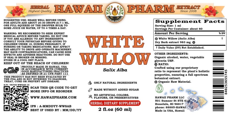 label of White Willow (<i>Salix Alba</i>) Dry Bark Tincture