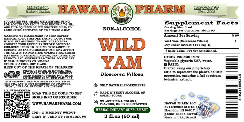 label of Wild Yam (<i>Dioscorea Villosa</i>) Dry Tuber Glycerite